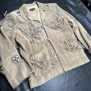 Tansmith Western Fringe Beaded Tan Suede Leather Jacket Coat Americana Men’s XL
